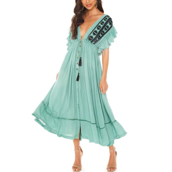 Free People Dresses & Skirts - Free People Teal Midi Dress with Black Embroidery